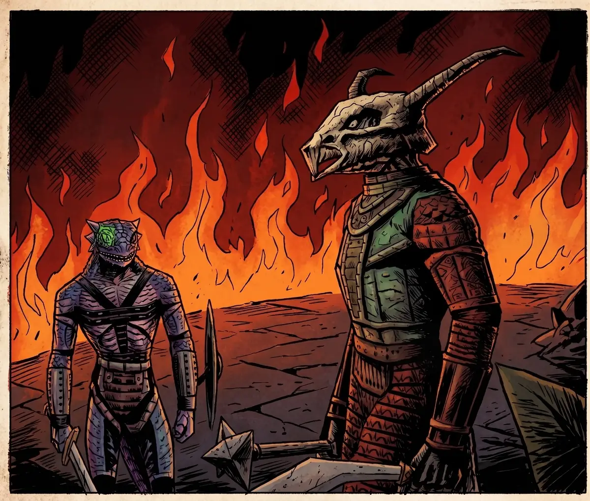 Two warriors before a wall of fire